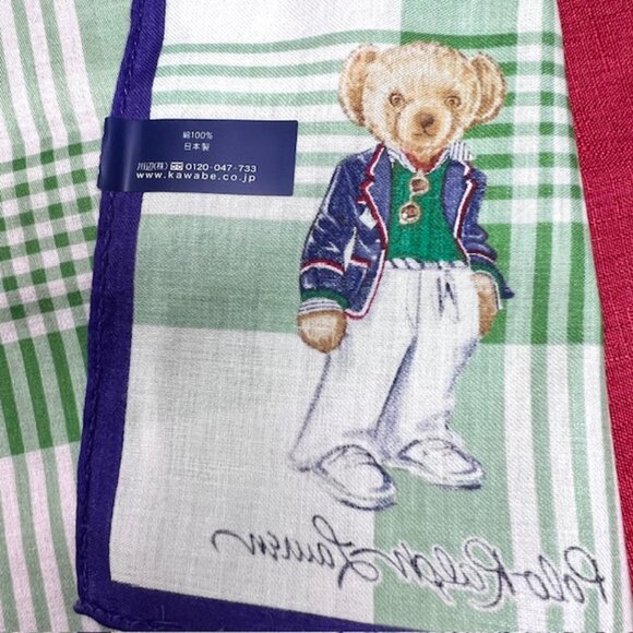 Polo Ralph Lauren  Mini Scarf Handkerchief 19: white green check with Bear (93) - Picture 5 of 7